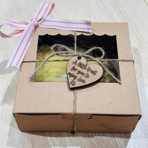 Four piece delicious treat box with personalised heart message