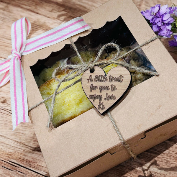 Four piece delicious treat box with personalised heart message