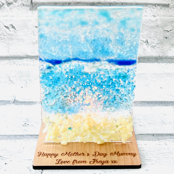 Fused glass tea light holders - beach scene