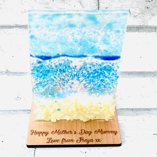 Fused glass tea light holders - beach scene