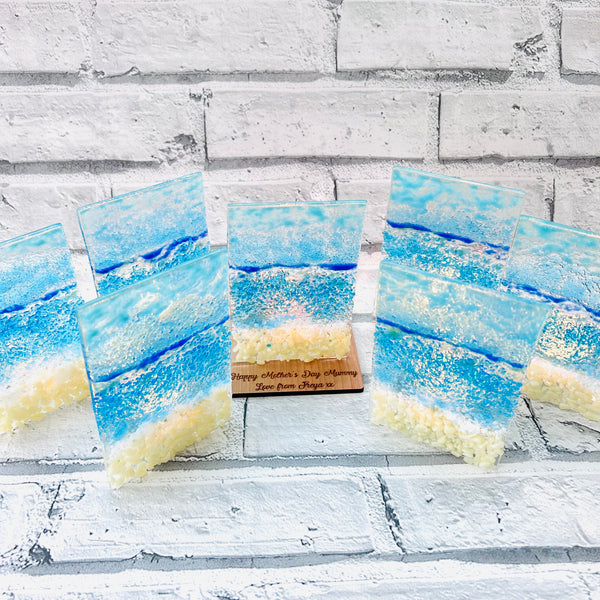 Fused glass tea light holders - beach scene