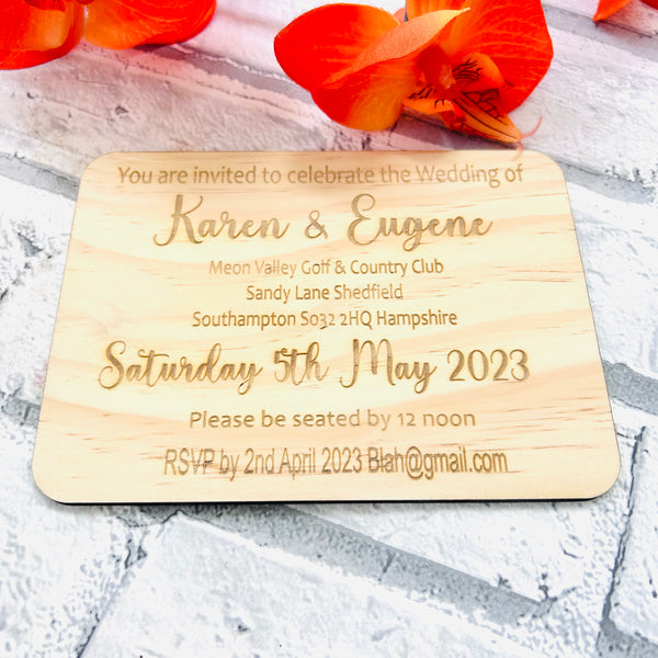 Wooden engraved wedding invites set of 10