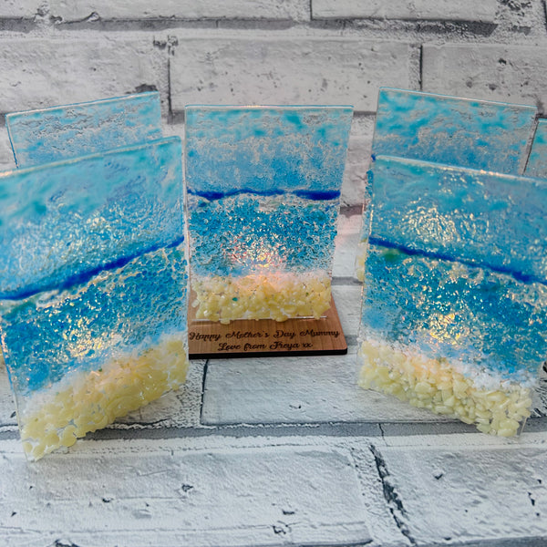 Fused glass tea light holders - beach scene